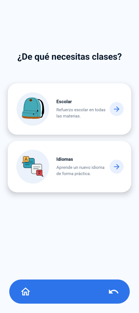 Pantalla de selección de necesidad de clases en Hi Profe